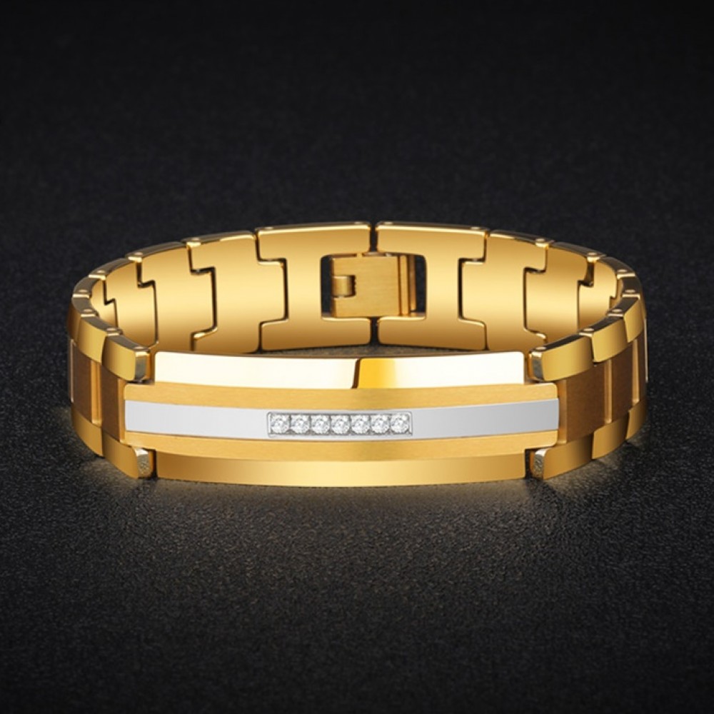 GENTS CURB LINK GOLD TONE STEEL BRACELET WITH PAVE CUBIC ZIRCONIA PLAT -  Howard's Jewelry Center