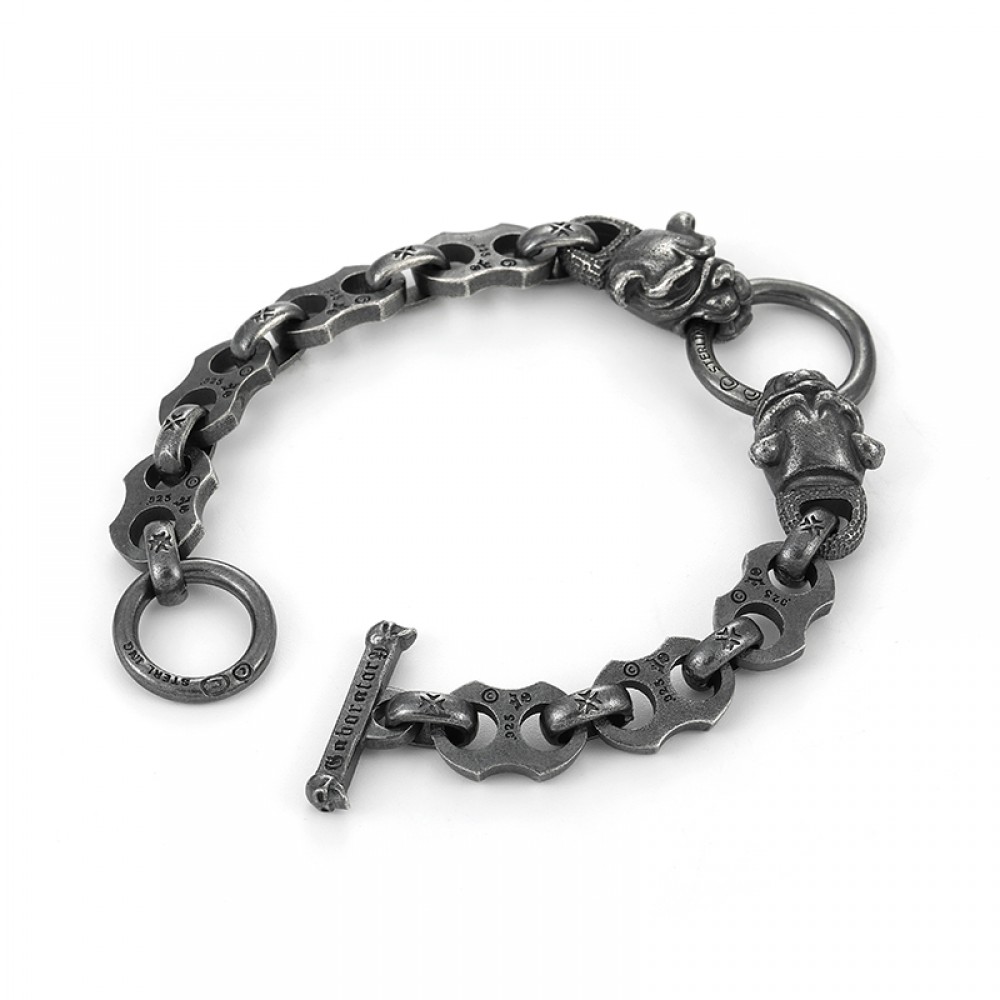 Personalized Black Bulldog Chain Bracelet For Men In Sterling Silver