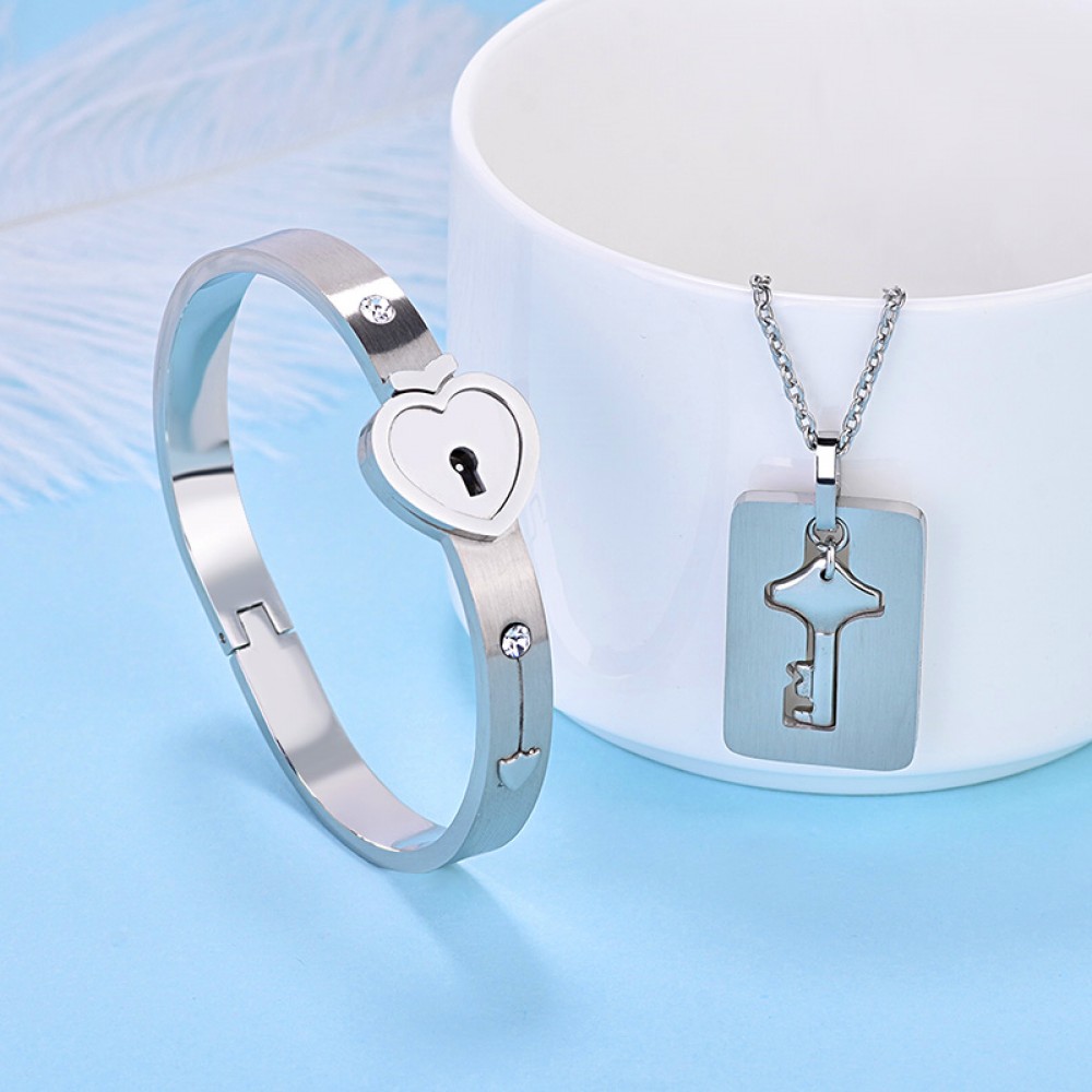 Lock Bracelet and Key Necklace Set for Couples Jewelry - Stainless Steel Heart  Bangle for Men and Women 
