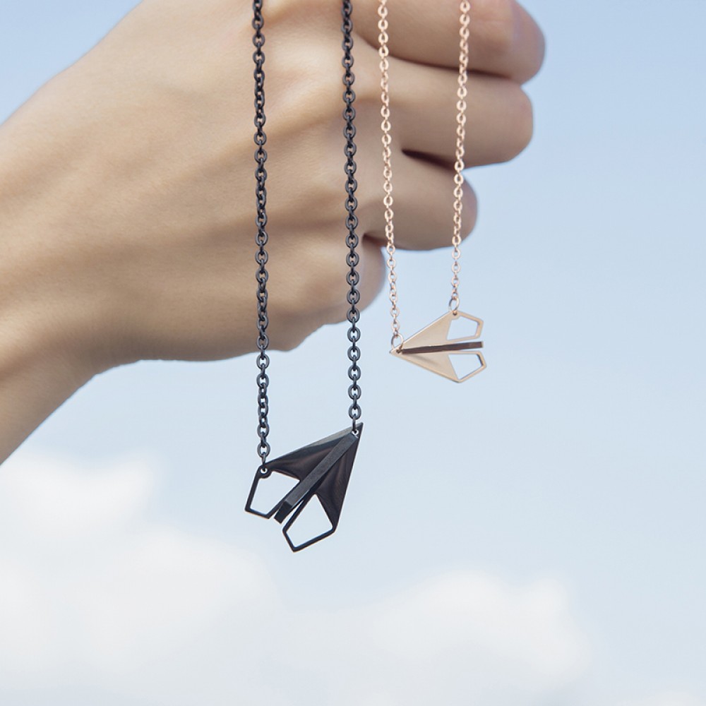 Cute Black And Rose Couple Paper Plane Necklace In Titanium