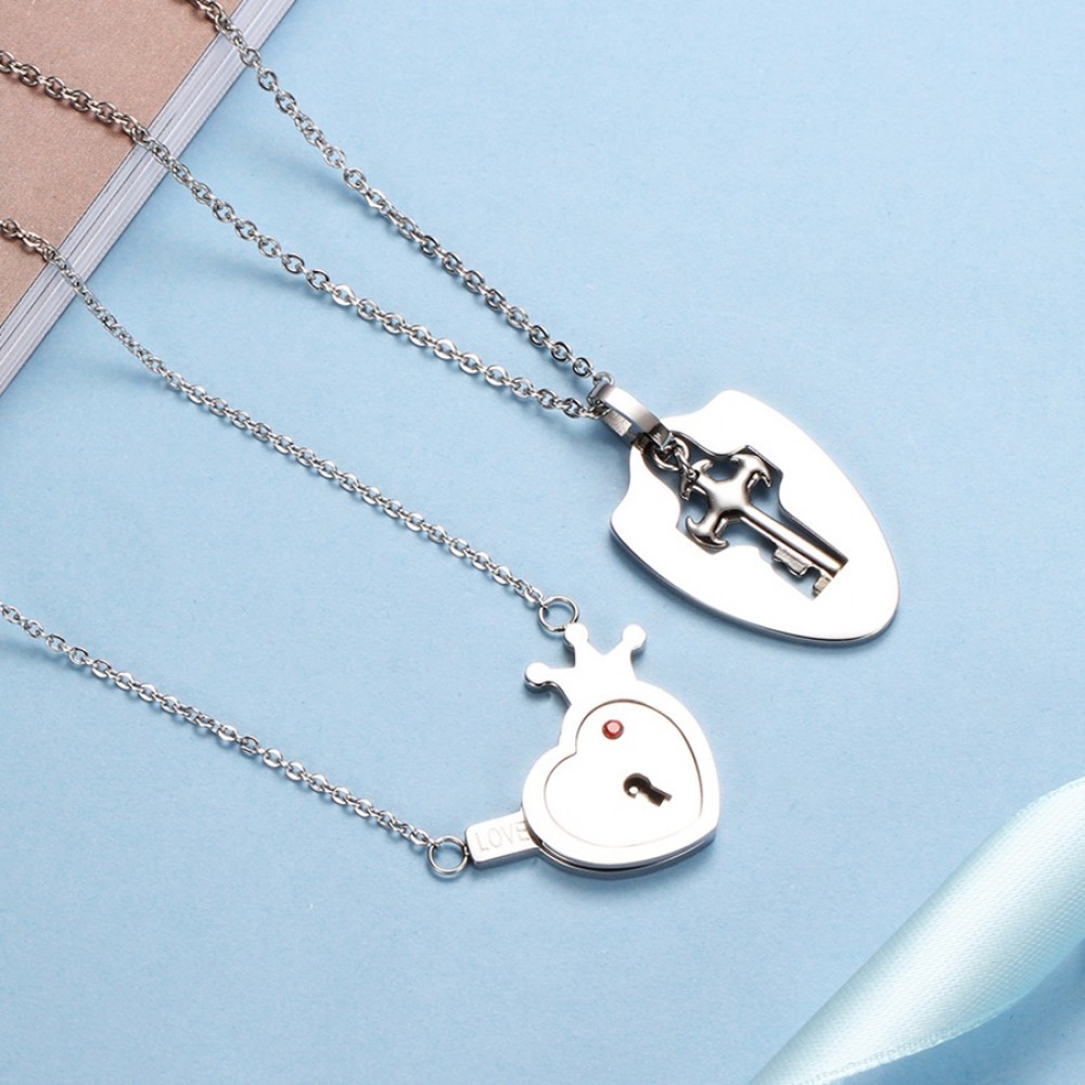 Black Plated Titanium Steel Matching Couple Heart Lock Bracelet and Key Pendant Necklace for Men Women Sn300, Adult Unisex, Size: One Size