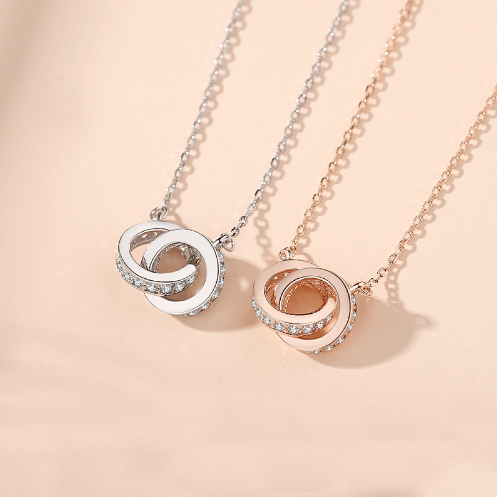 Double Circles Rose Gold Necklace Sterling Silver Clavicle Chain