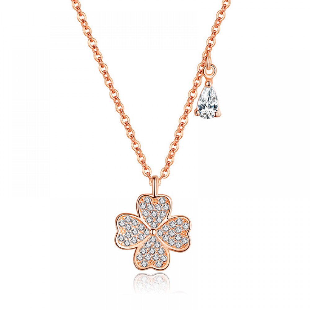 Lucky Four Leaf Clover Sterling Silver Rose Gold Chain Necklace For Women