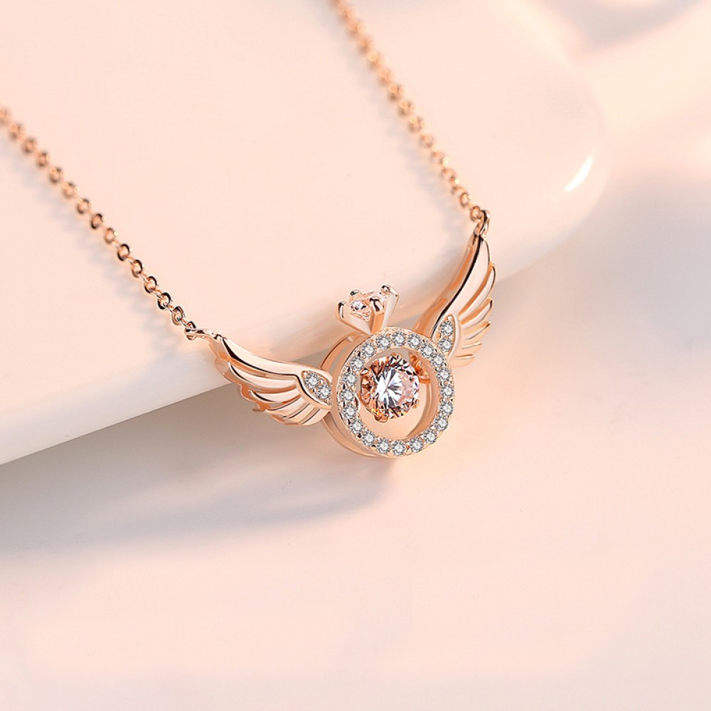 Ladies Necklace Angel Wings with Love Heart Pendant with Cubic Zirconia Stone 
