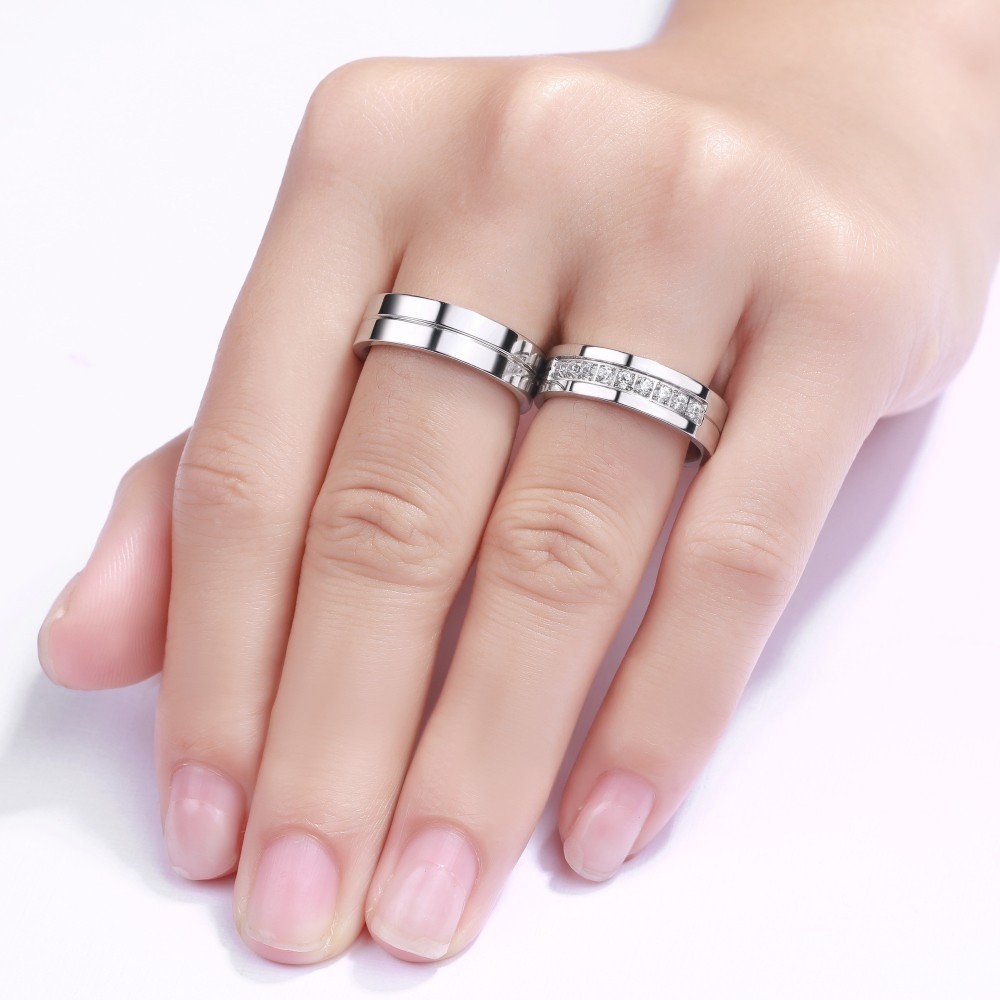 Top quality 316L Stainless Steel Silver Symmetrical Zirconia Love couple rings 