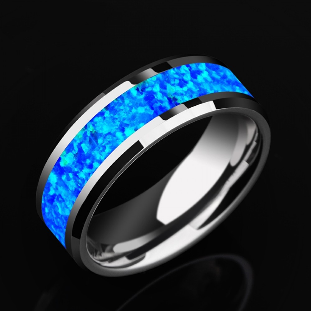 Engravable Blue Opal Wedding Band For Men In Tungsten