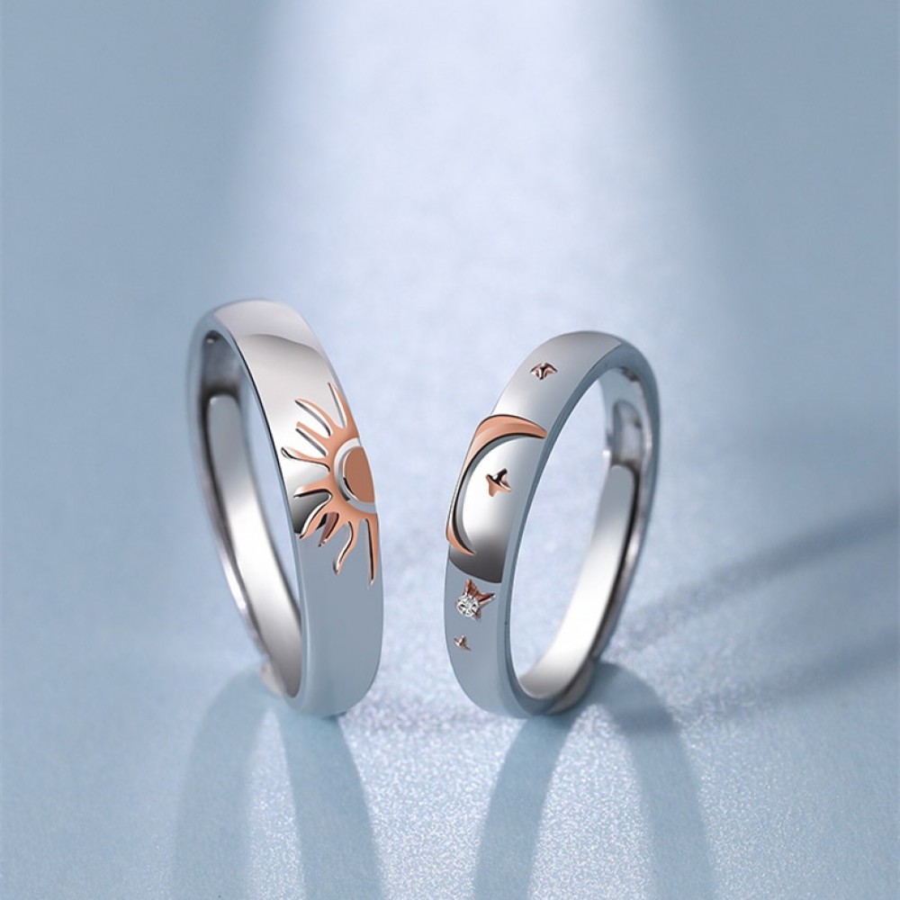 Adjustable Sun And Moon Matching Promise Rings For Couples In