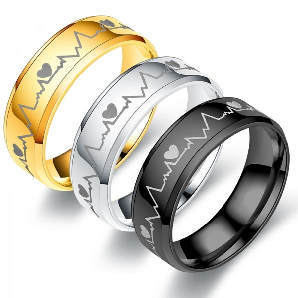 Black/Gold/Sliver Engravable Heartbeats Promise Rings For Man