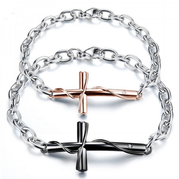 Personalized Titanium Cross Chain Couple Bracelet Black Rose Silver Optional