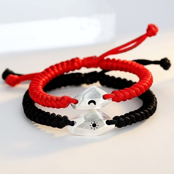 Black And Red Adjustable Sun And Moon Rope Couple Bracelets