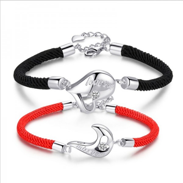 Love You Matching Heart Bracelets For Couples In Silver And Rope