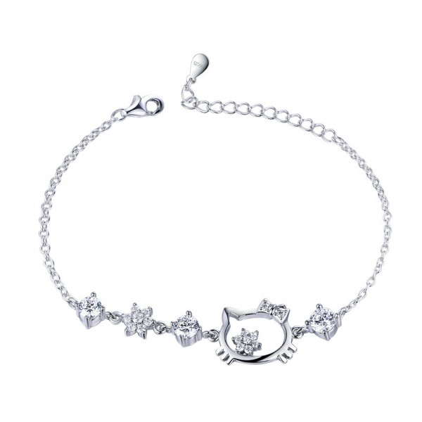Cute Snowflake Cat Charm Bracelet For Womens In Sterling Silver And Cubic Zirconia