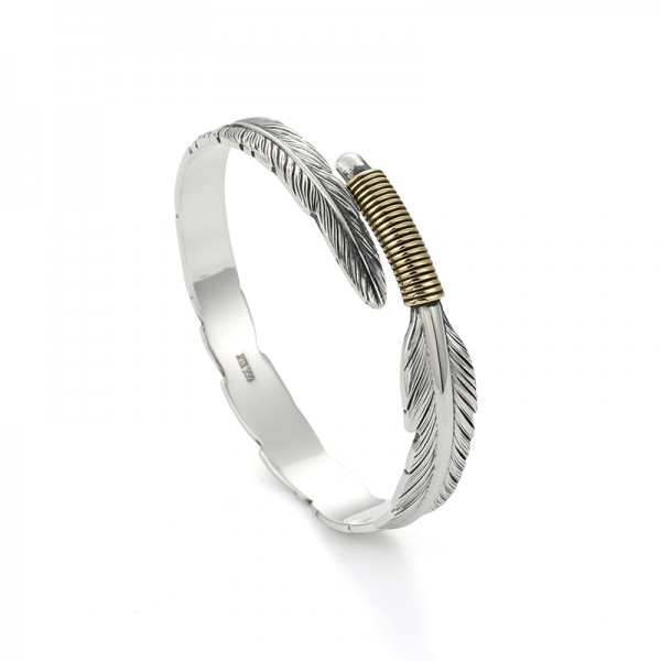 Engravable Feather Bangle Bracelet For Men In Sterling Silver