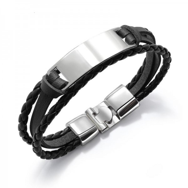 Engravable Simple Charm Belt Bracelet For Men In Leather And Alloy