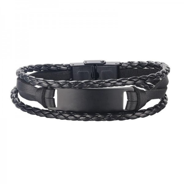 Engravable Simple Black Three Strand Leather Bracelet For Men