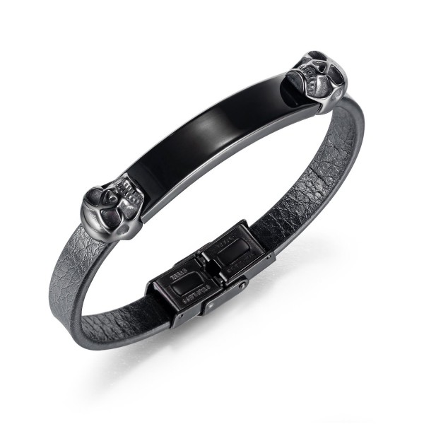 Engravable Black Skull Leather Belt Bracelet For Men