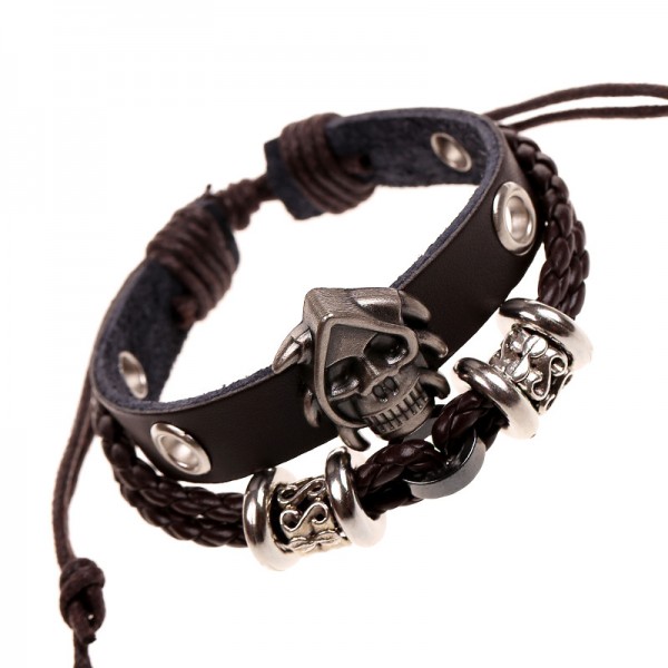 Adjustable Skull Charm Cowhide Belt Bracelet For Men