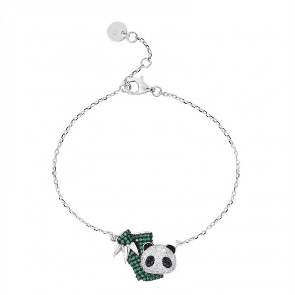 Cute Panda Charm Bracelet For Womens In Sterling Silver And Cubic Zirconia