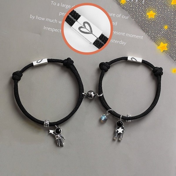 Cute Astronaut Matching Connection Bracelets For Couples In Sterling Silver And Rope