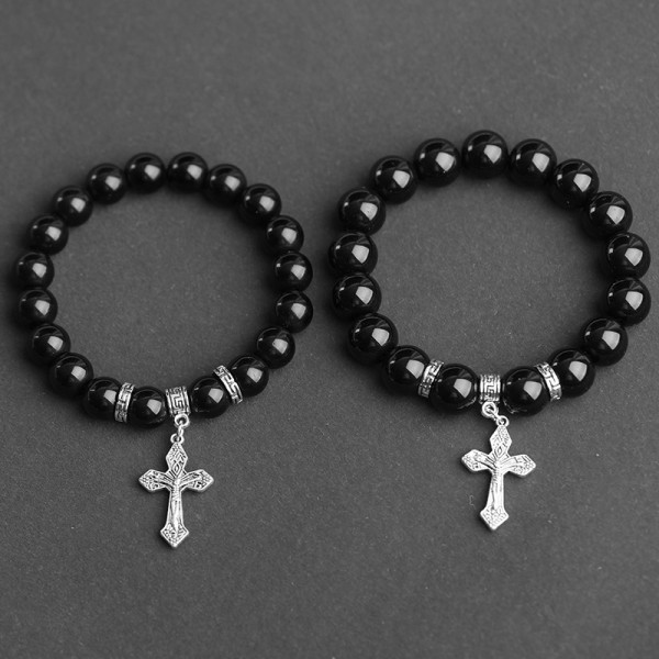 Unique Cross Matching Beaded Obsidian Bracelets For Couples