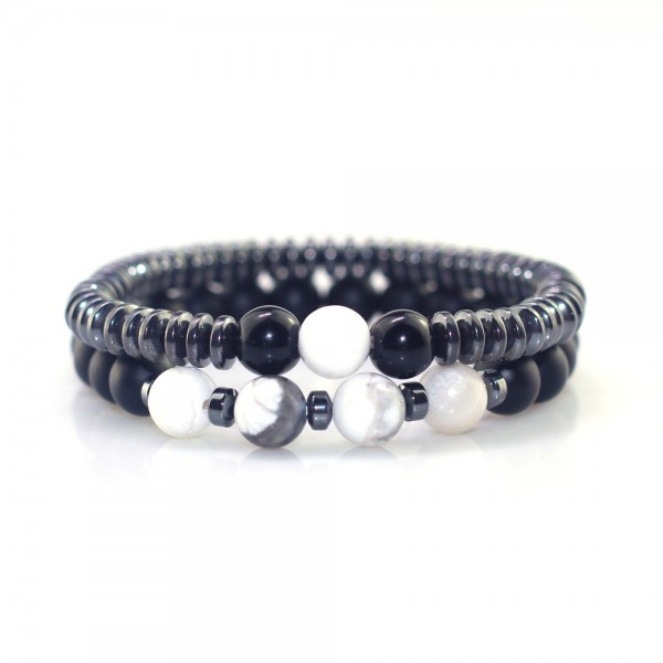 Unique 2 Piece White Turquoise And Black Frosted Stone Beaded Bracelet For Men
