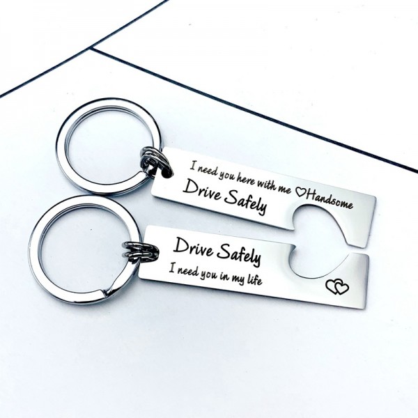 Drive Safely Matching Heart Couple Keychains In Stainless Steel