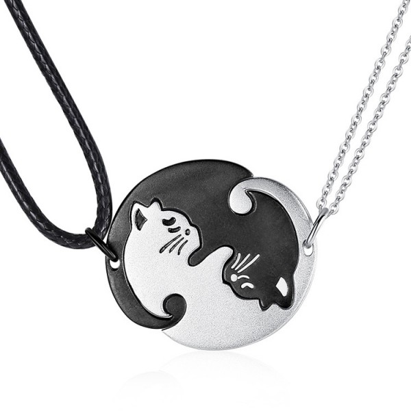White And Black Cat Matching Couple Necklaces In 925 Sterling Silver