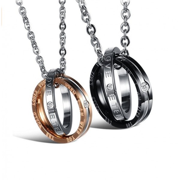 Personalized Black And Rose Double Ring Couple Necklace In Titanium