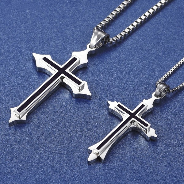 Engravable Cross Couple Necklace In Titanium Black And White Optional
