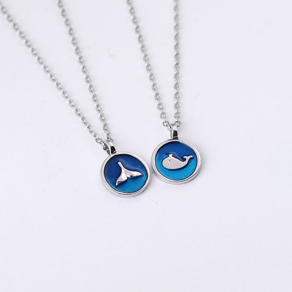 Engravable Cute Whale Couple Necklace In Sterling Silver