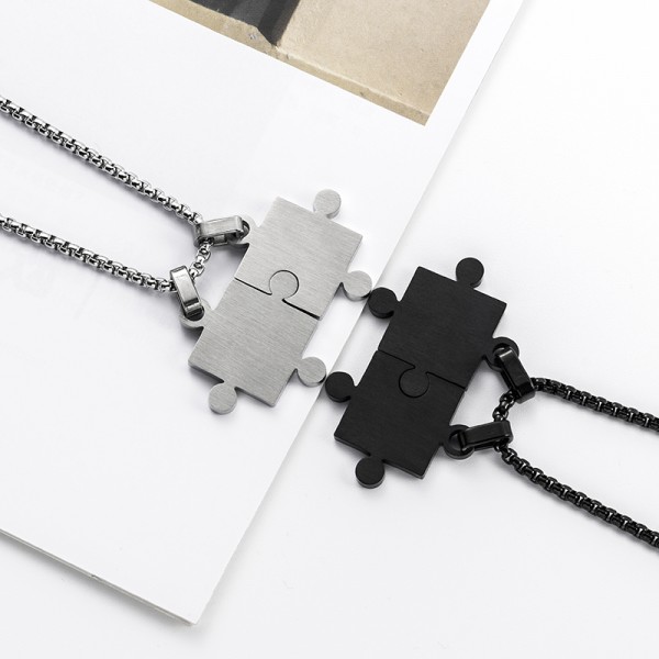 Cute Black And Silver Couple Jigsaw Puzzle Necklace In Titanium