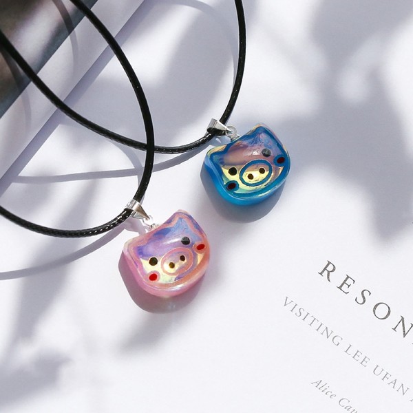 Cute Red And Blue Pig Resin Necklaces For Couples
