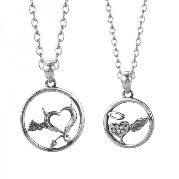 Personalized Angel And Devil Matching Necklaces Set In Sterling Silver