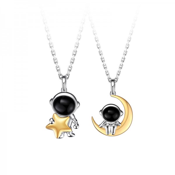 Cute Astronaut Matching Necklaces Set In Sterling Silver