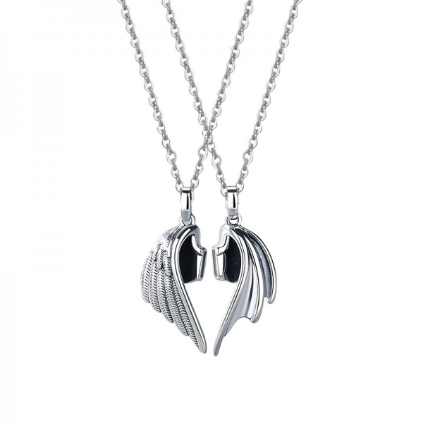 Angel And Demon Wings Matching Necklaces Set In Sterling Silver