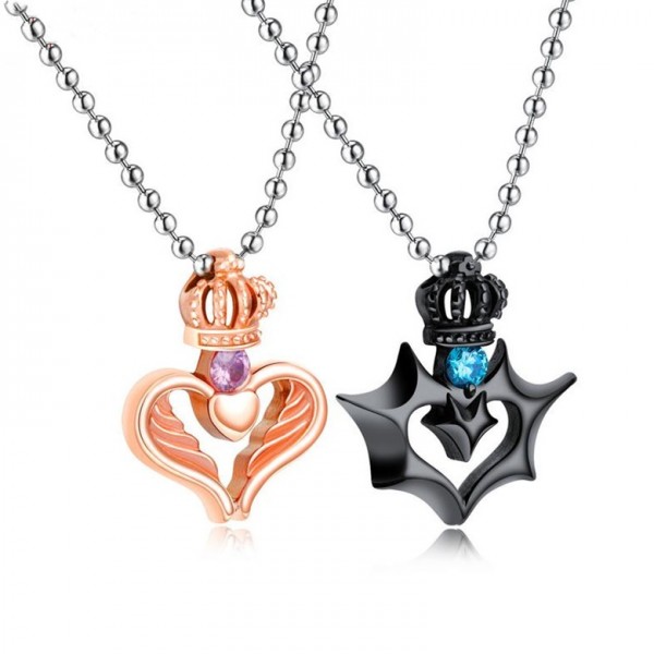 Matching Heart King And Queen Crown Necklaces For Couples In Titanium