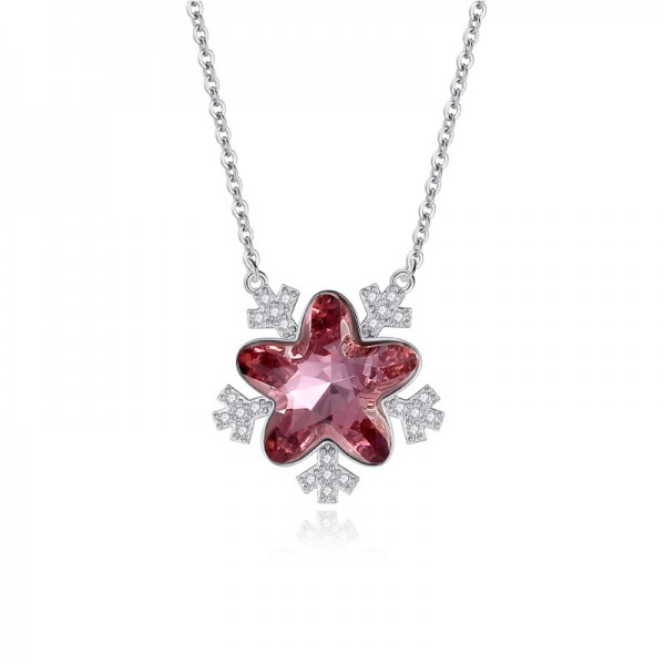 Original Christmas Snowflake Pink Austrian Crystal  925 Sterling Silver Necklace For Women