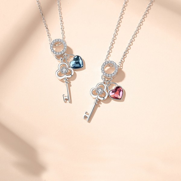 New Pink/Blue Heart Austrian Crystal Key 925 Sterling Silver Necklace For Women