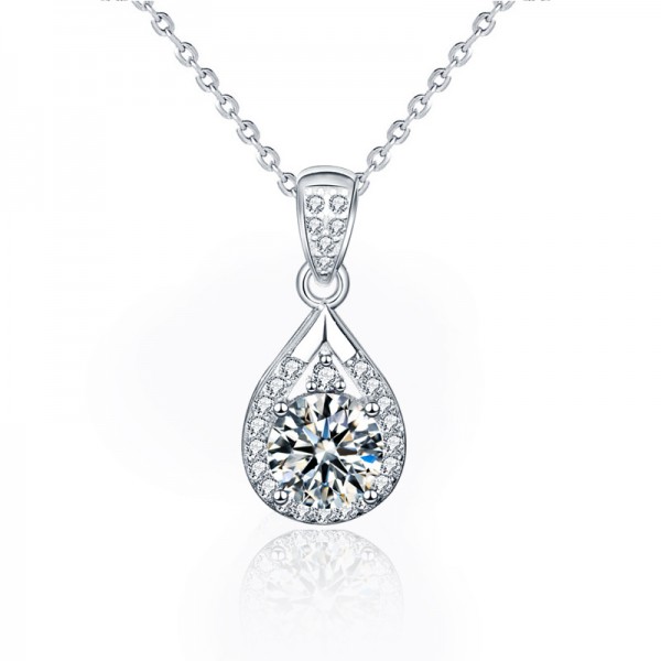 Water Drop 925 Sterling Silver Created Moissanite Pendant Necklace for Women