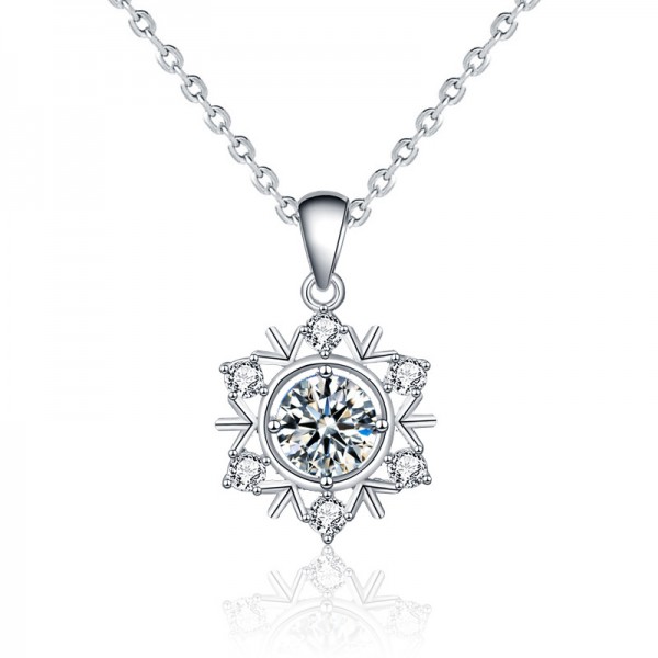 Christmas Snowflake 925 Sterling Silver Created Moissanite Pendant Necklace for Women