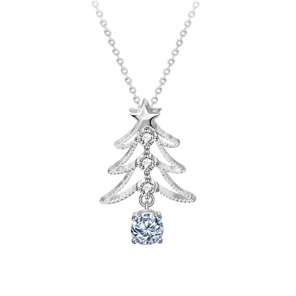 Christmas Tree 925 Sterling Silver Created Moissanite Pendant Necklace for Women