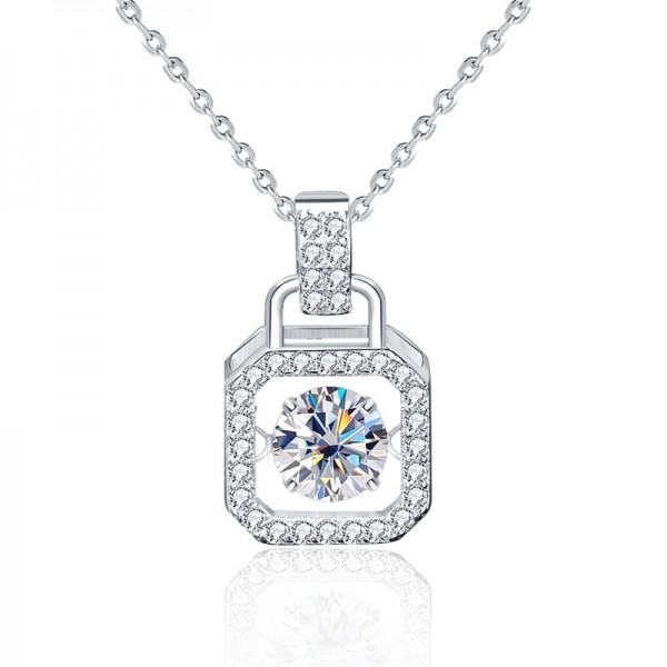 Beating heart Lock Style 925 Sterling Silver Created Moissanite Pendant Necklace for Women