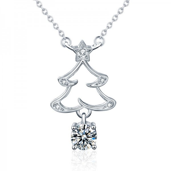 Christmas Tree 925 Sterling Silver Round Moissanite Pendant Necklace for Women