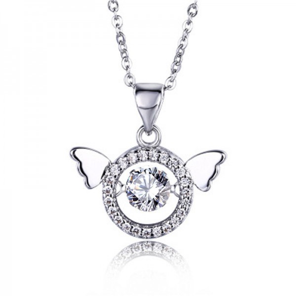 925 Sterling Silver Angel Wings Round Moissanite Pendant Necklace for Women