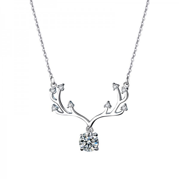925 Sterling Silver Christmas Antlers Elk Round Moissanite Pendant Necklace for Women