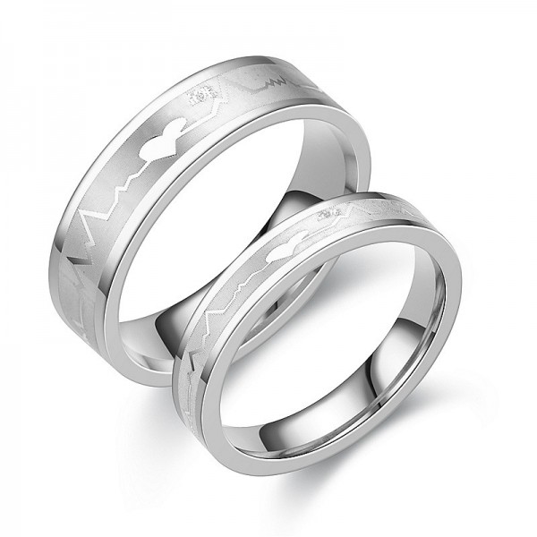 Sliver Couple's Heartbeat Promise/Wedding Rings in Titanium