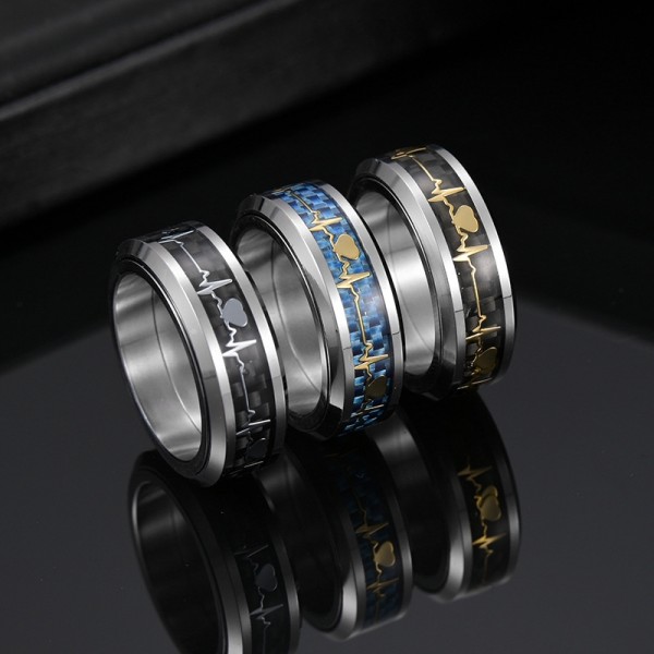 Can Rotate 8mm Blue Sliver Gold Carbon Fiber Cardiogram Heartbeat Promise Rings For Man