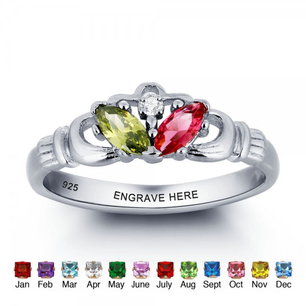 Affordable Silver Claddagh Marquise Cut 2 Stones Birthstone Ring In 925 Sterling Silver