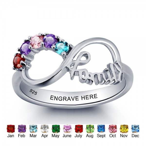Engravable Silver Family Round Cut 5 Stones Birthstone Ring In 925 Sterling Silver