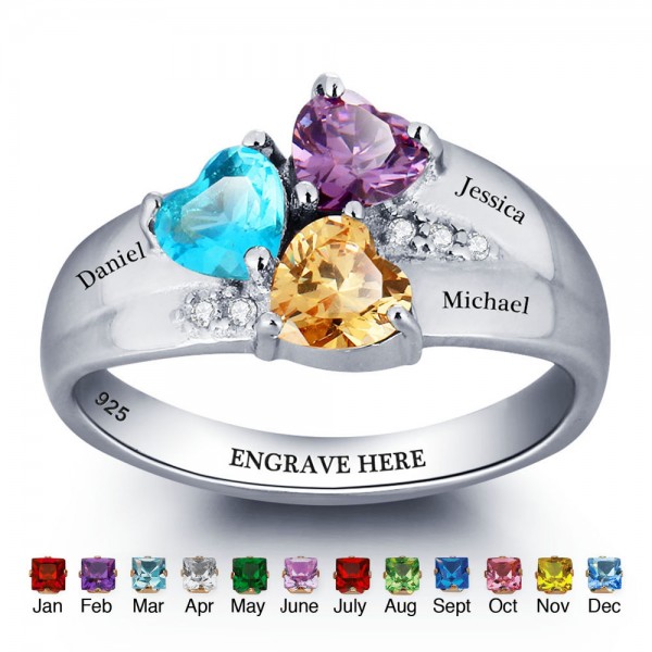 Unique Silver Family Heart Cut 3 Stones Birthstone Ring In 925 Sterling Silver